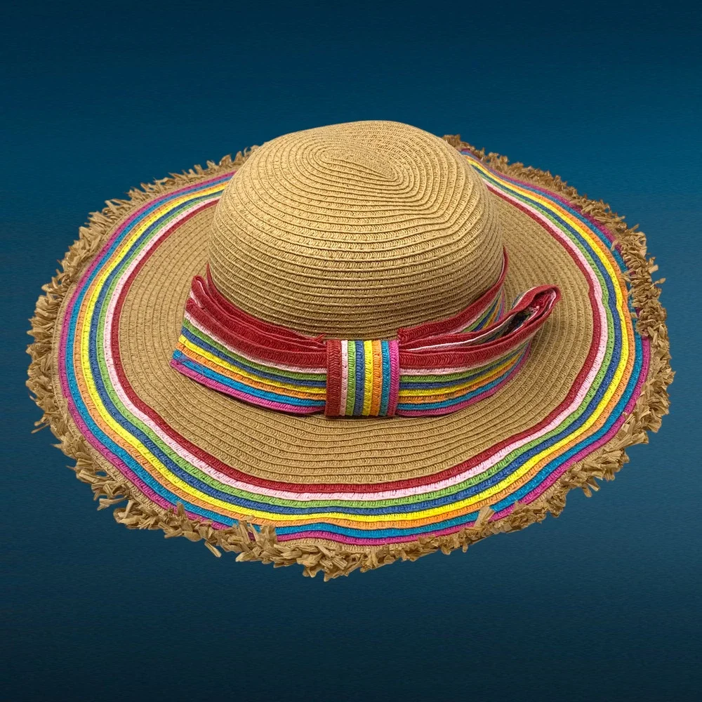 Betsey Johnson Rainbow Ribbon Floppy Sun Hat Wide Brim Straw Beach O/S Adjusts